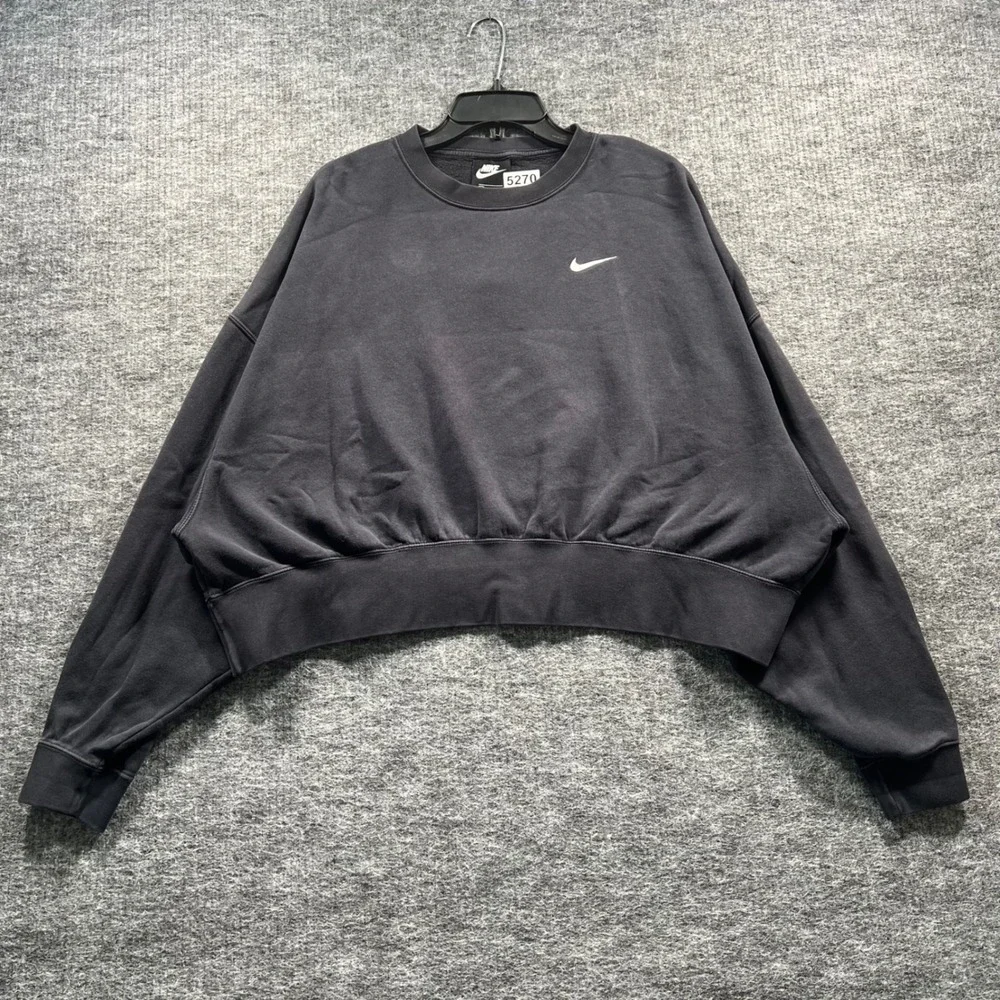 Nike Womens Cropped Oversized Fleece Crewneck Sweatshirt Faded Black Medium
